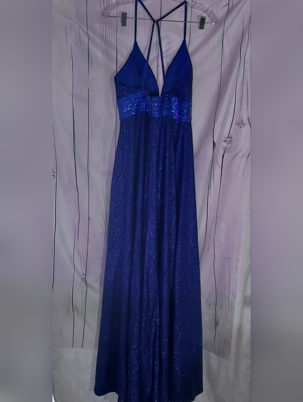 Mac Duggal Royal Blue Cassandra Stone V-Neck Maxi Prom Dress - Picture 2 of 16